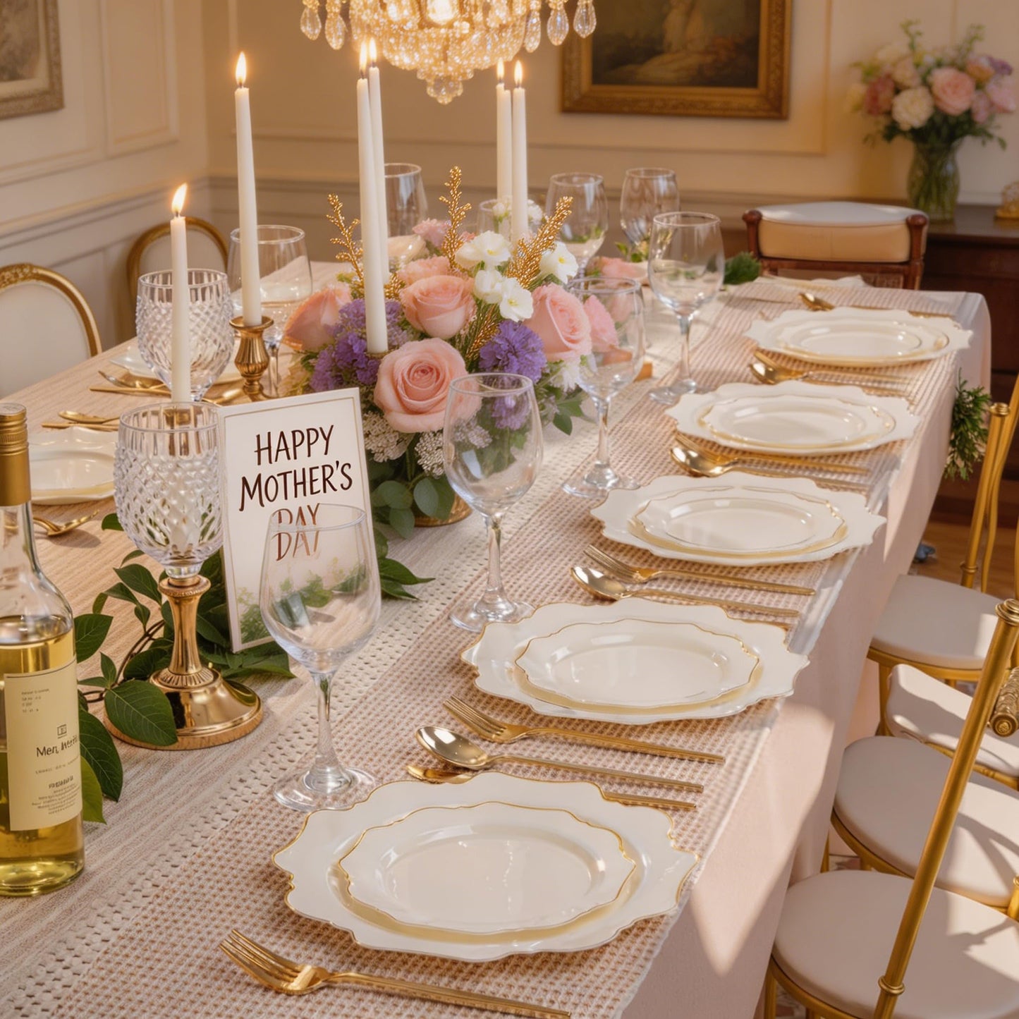 WDF 200PCS Ivory Plastic Plates with Gold Rim - Cream Plastic Plates - Include 100 Dinner & 100 Dessert Fancy Disposable Plate for Party - Heavy Duty Plate for Wedding/Baby Shower/Spring/Mother's Day