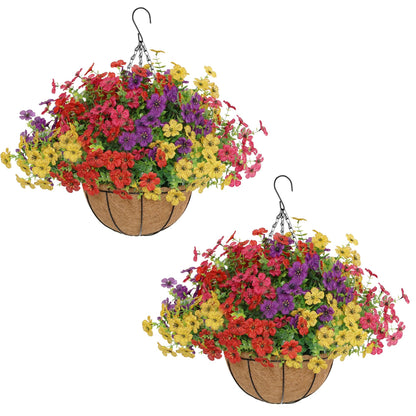 Senjie 2 Set Artificial Hanging Flowers with Basket for Outdoor Decor, UV Resistant 24 Bundles Faux Flowers Fake Hanging Planter for Porch Patio Balcony