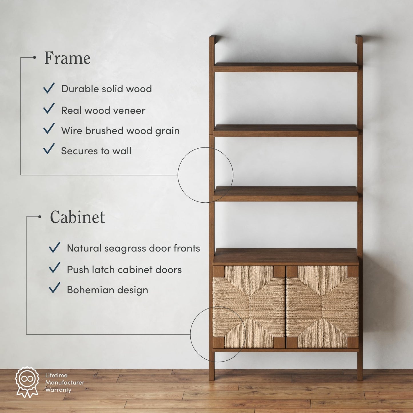 Nathan James Beacon 3-Shelf Bookcase with Seagrass Cabinet, Solid Wood Bookshelf with Storage with Solid Wood Frame, Seagrass/Dark Brown