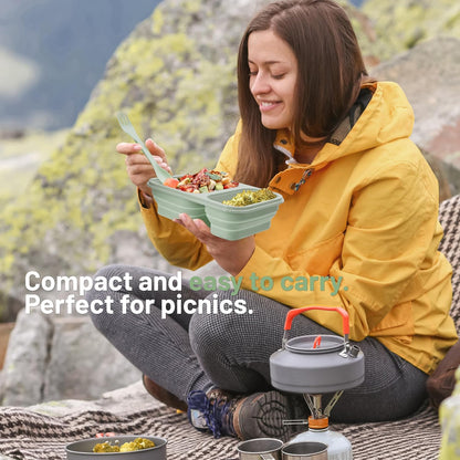 Green Collapsible Lunch Containers with Lid, 2 Compartments | Foldable Silicone Bento for Adults | BPA-Free Food