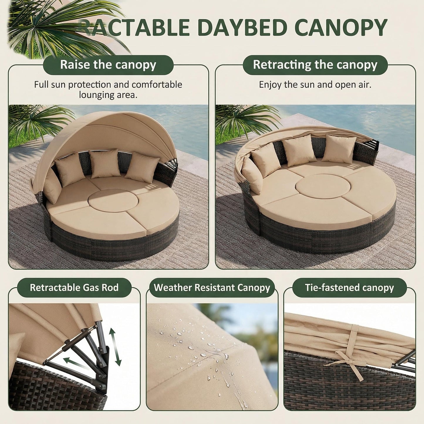 Oakmont Outdoor Patio Daybed with Retractable Canopy, Wicker Rattan Sectional Round Sofa Furniture Set, 5 Pieces Seating Separates Cushioned Seats for Lawn Garden Backyard Porch Pool, Brown