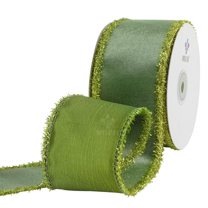 MEEDEE Moss Green Velvet Gold Tinsel Edge Ribbon 2.5 Inch Christmas Metallic 10 Yards Spool for Tree, Garlands, Wreaths, Bows, Tree Toppers, Crafts