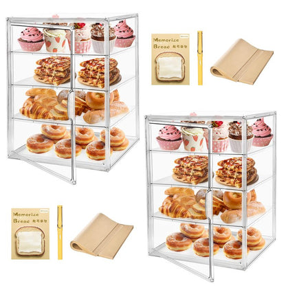 2PCS Pastry Display Case,Large Bakery Cookie Display Stand for Kitchen Countertop,4 Layers Adjustable Clear Bread Storage with Magnetic Door Bread Box and Cupcake Kitchen Counter 15.5x11.4x9.8 Inch