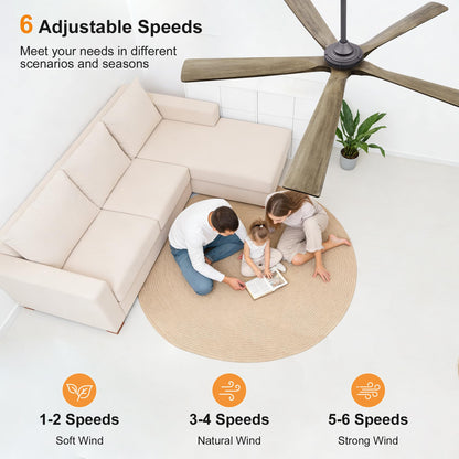 WINGBO 60 Inch Ceiling Fan without Light - 5 Carved Solid Wood Blades, 6-Speed Reversible DC Motor, Noiseless Remote Control Ceiling Fan No Light for Bedroom Living Room Kitchen, Charcoal and Gray