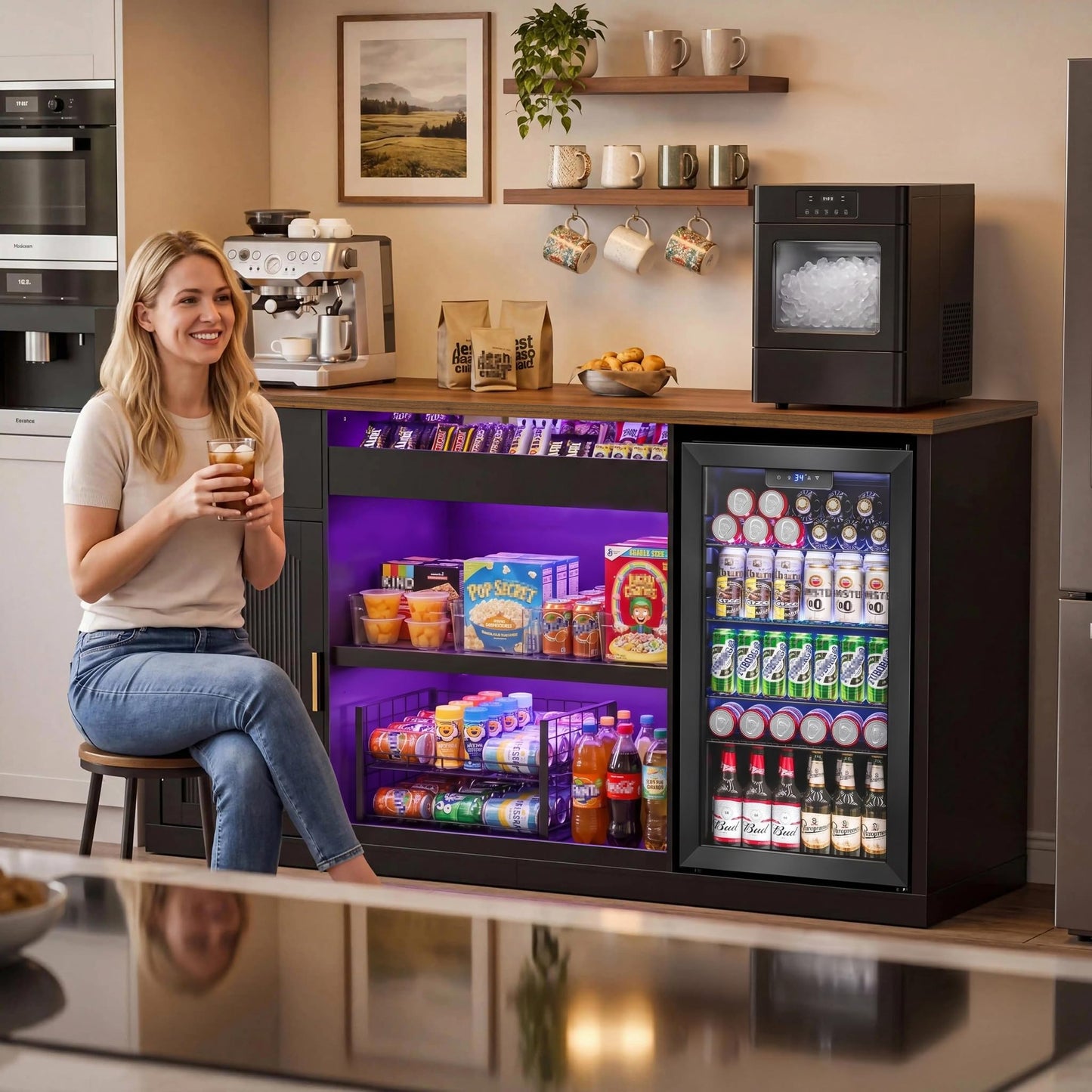 GDLF Snack Bar Cabinet with Fridge Space, 70.1" Snack Organizer with Storage and Candy Display Shelf, Coffee Station for Home Theater or Game Room with LED Lights, Black
