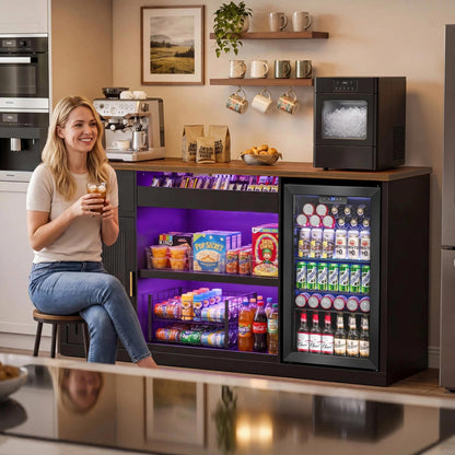GDLF Snack Bar Cabinet with Fridge Space, 70.1" Snack Organizer with Storage and Candy Display Shelf, Coffee Station for Home Theater or Game Room with LED Lights, Black