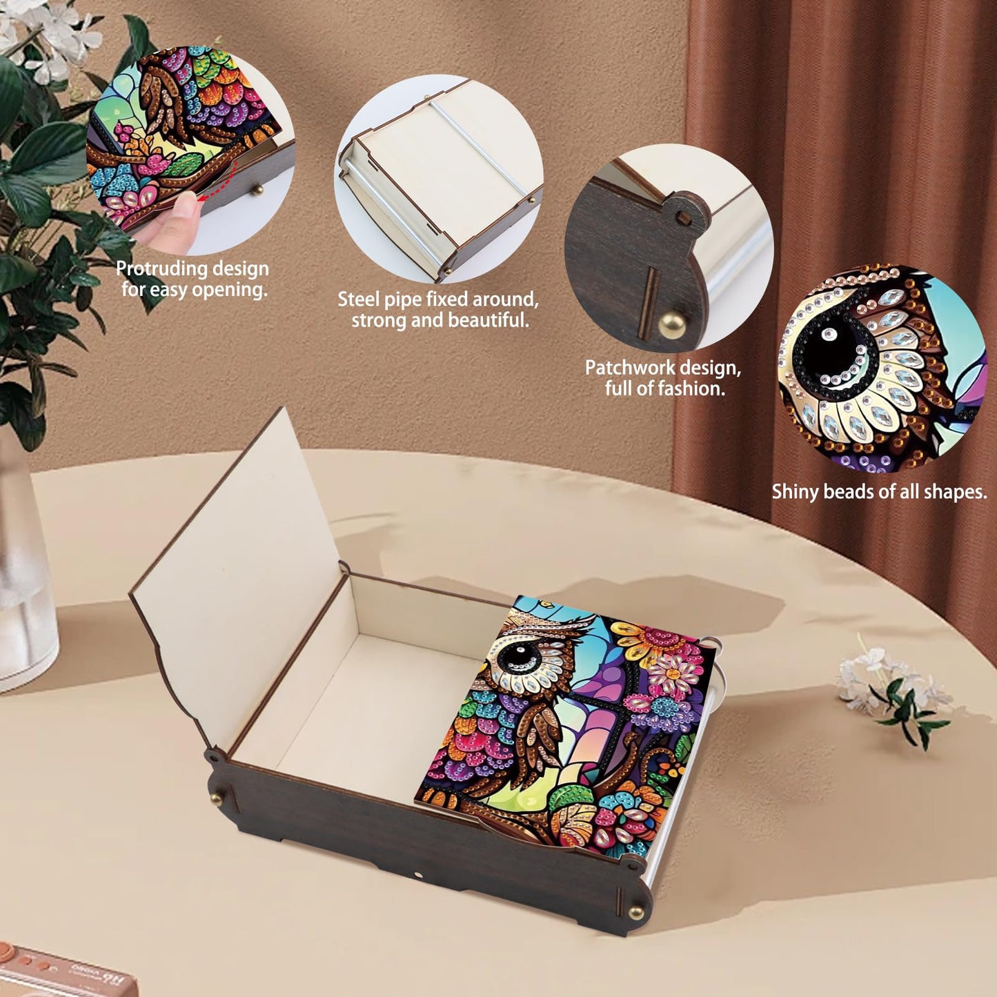 antor DIY Diamond Painting Wooden Storage Box, Owl Creative Special Shaped Rhinestone Art Flip Cover Jewelry Organizer Gift Case, Handmade Art Desktop Decor