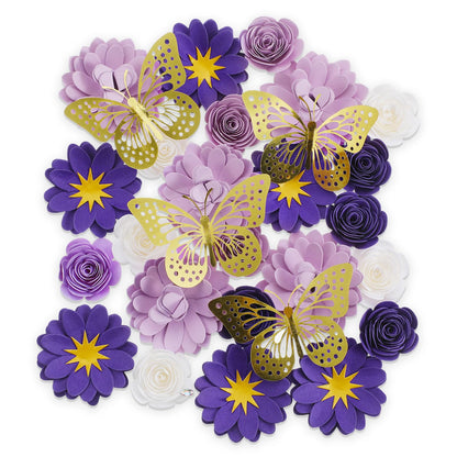 MotiMind 39 Pcs Graduation Cap Decorations Kit Including 25 Rose Heads Paper Flowers 12 3D Gold Butterfly Stickers 1 Self Adhesive Pearl 1 Rhinestones Stickers for DIY Graduation Cap(Purple)