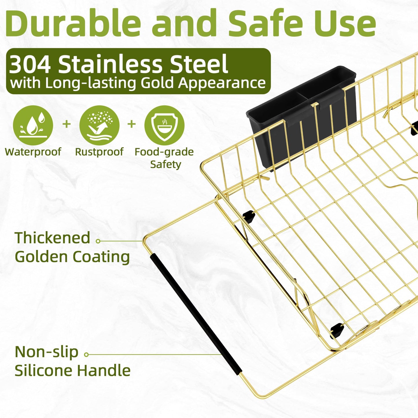 HAYAWEY Golden Expandable Dish Drying Rack with Silicone Drying Mat-Extra Large Stainless Steel Dish Drainer Over The Sink with Utensil Holder, Applicable for Sink Width 16'-22' (Gold,23.2'*12.2')