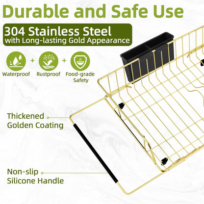 HAYAWEY Golden Expandable Dish Drying Rack with Silicone Drying Mat-Extra Large Stainless Steel Dish Drainer Over The Sink with Utensil Holder, Applicable for Sink Width 16'-22' (Gold,23.2'*12.2')