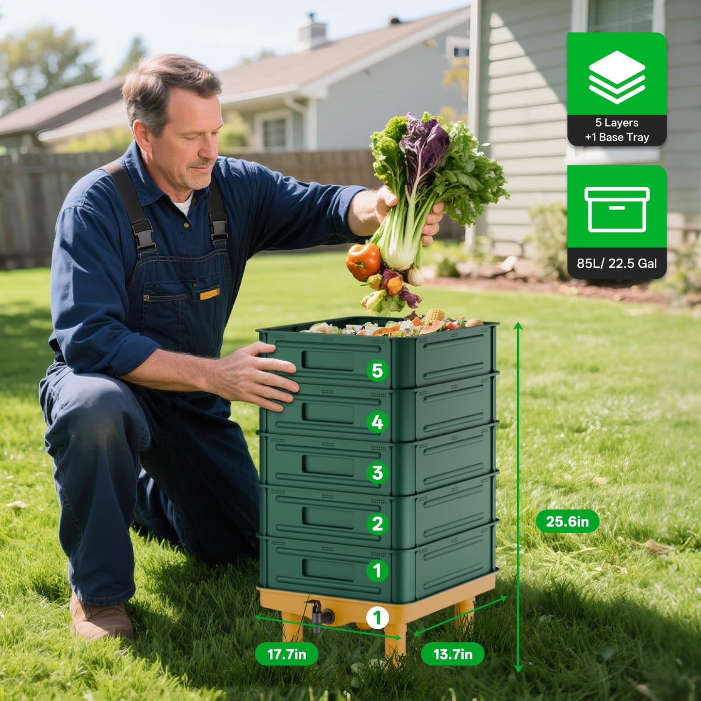 5-Layer Worm Compost Bin, 85L Worm Composter for Indoor & Outdoor, Starter Kits for Vermicomposting Starter, Garden Worm Composting Bin for Recycling Food Waste (Green)