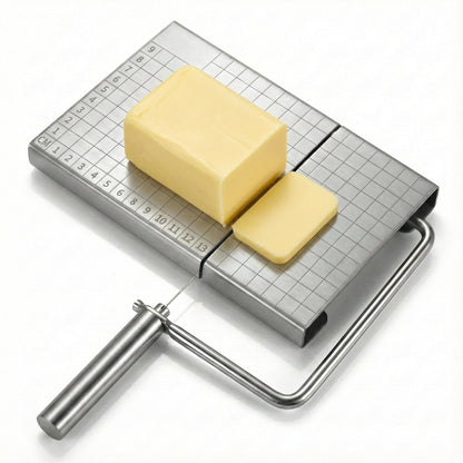 Cheese Slicer Board with Wire, Stainless Steel Cheese Cutter with Measuring Grid, Adjustable Thickness for Cheese & Butter, Includes 5 Replacement Wires