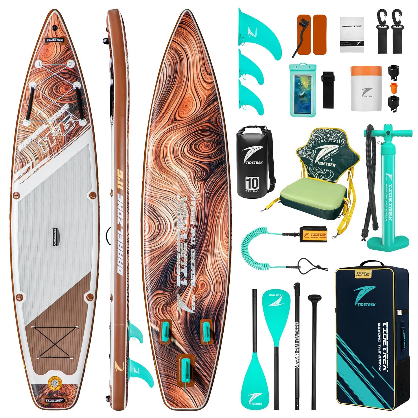 TIDETREK 11'6" Inflatable Stand Up Paddle Boards, Premium SUP Accessories, Non-Slip Comfort Deck for Youth & Adults (Amber Drift/Kayak Seat)