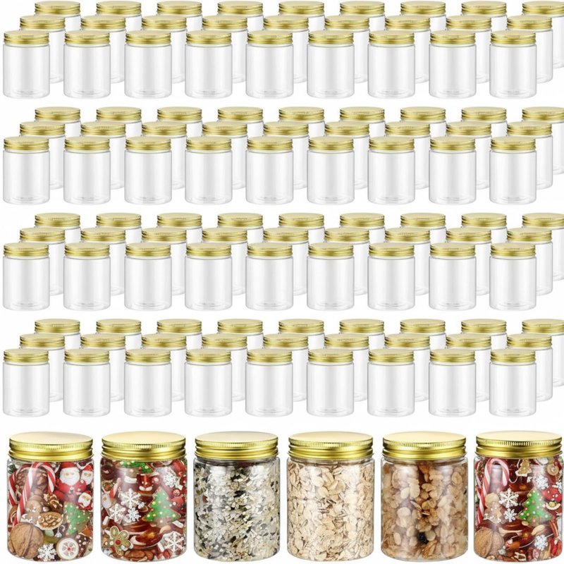 Wesiti 100 Pcs 8 oz Clear Plastic Mason Jars Containers With Screw on Gold Lids Refillable Round Empty Plastic Jars Storage Containers Reusable for Kitchen Household Dry Food Storage Honey Herb Nuts