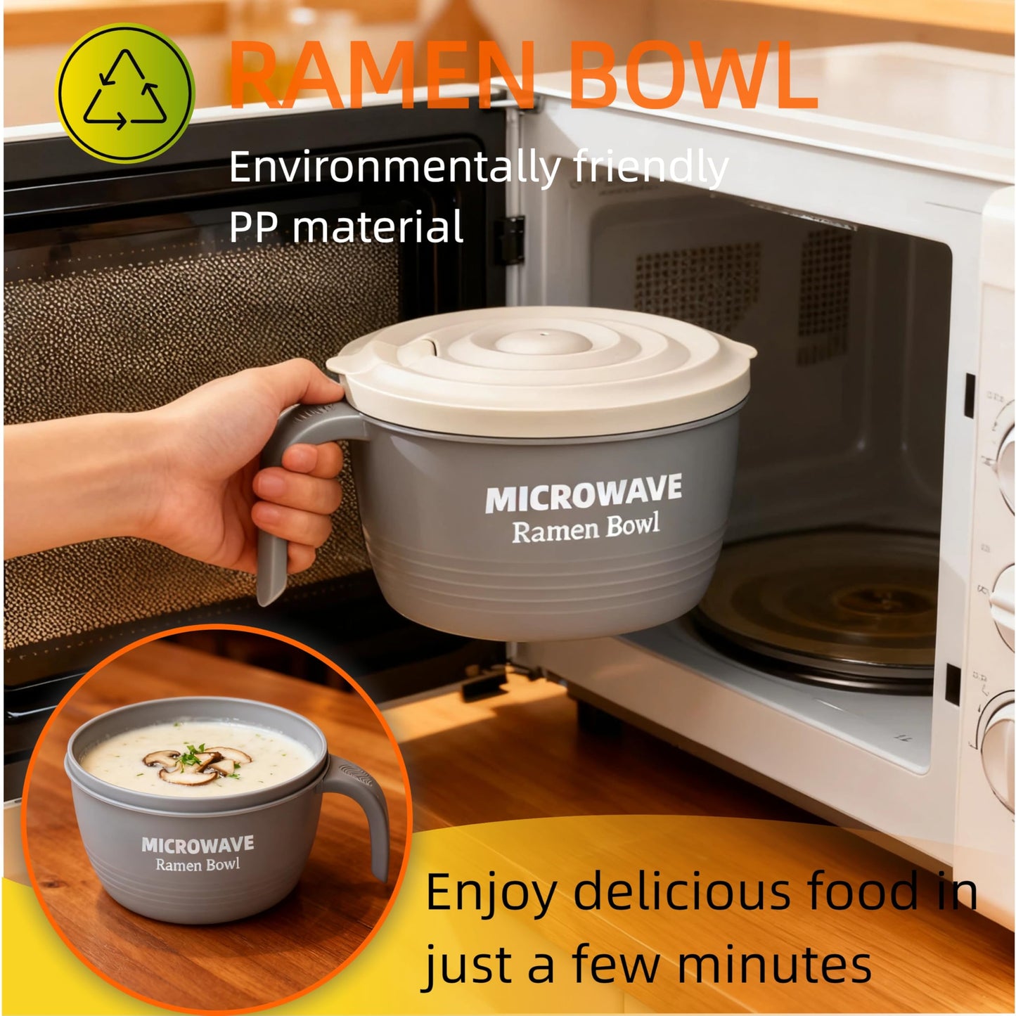 Layron Ramen Cooker Bowl - 45 oz Microwaveable Noodle Bowl Ramen in few Minutes- BPA Free and Dishwasher Safe Set with Chopsticks Perfect for Dorm, Small Kitchen, or Officee (grey)