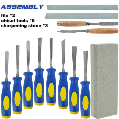 Lulu Home 13 PCS Wood Chisel with Canvas Bag, Wood Carving Tool Set Including Steel Beveled Chisel Tools with Rubber Handles, Rasps and Sharpening Stones for Woodworking