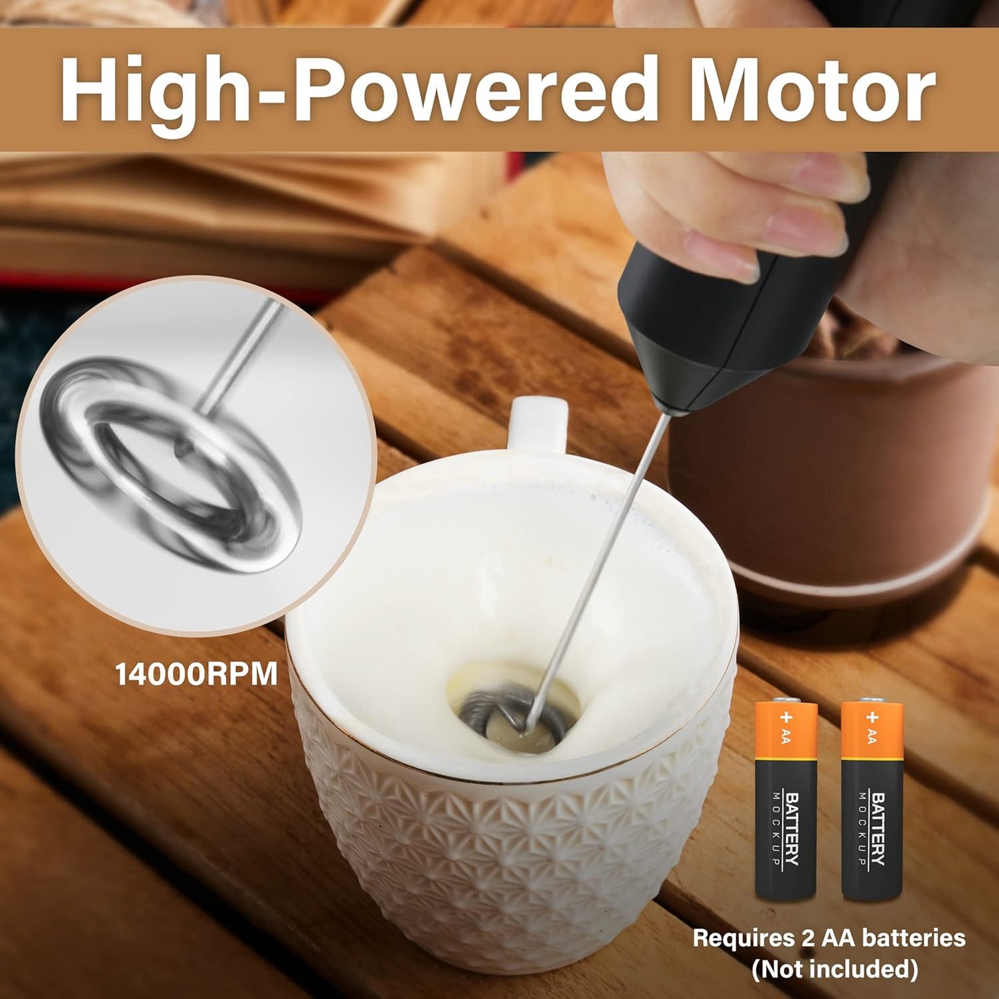 YSSOA Electric Milk Frother Handheld with Stainless Steel Stand, Battery Operated Whisk Mixer for Coffee, Frappe,