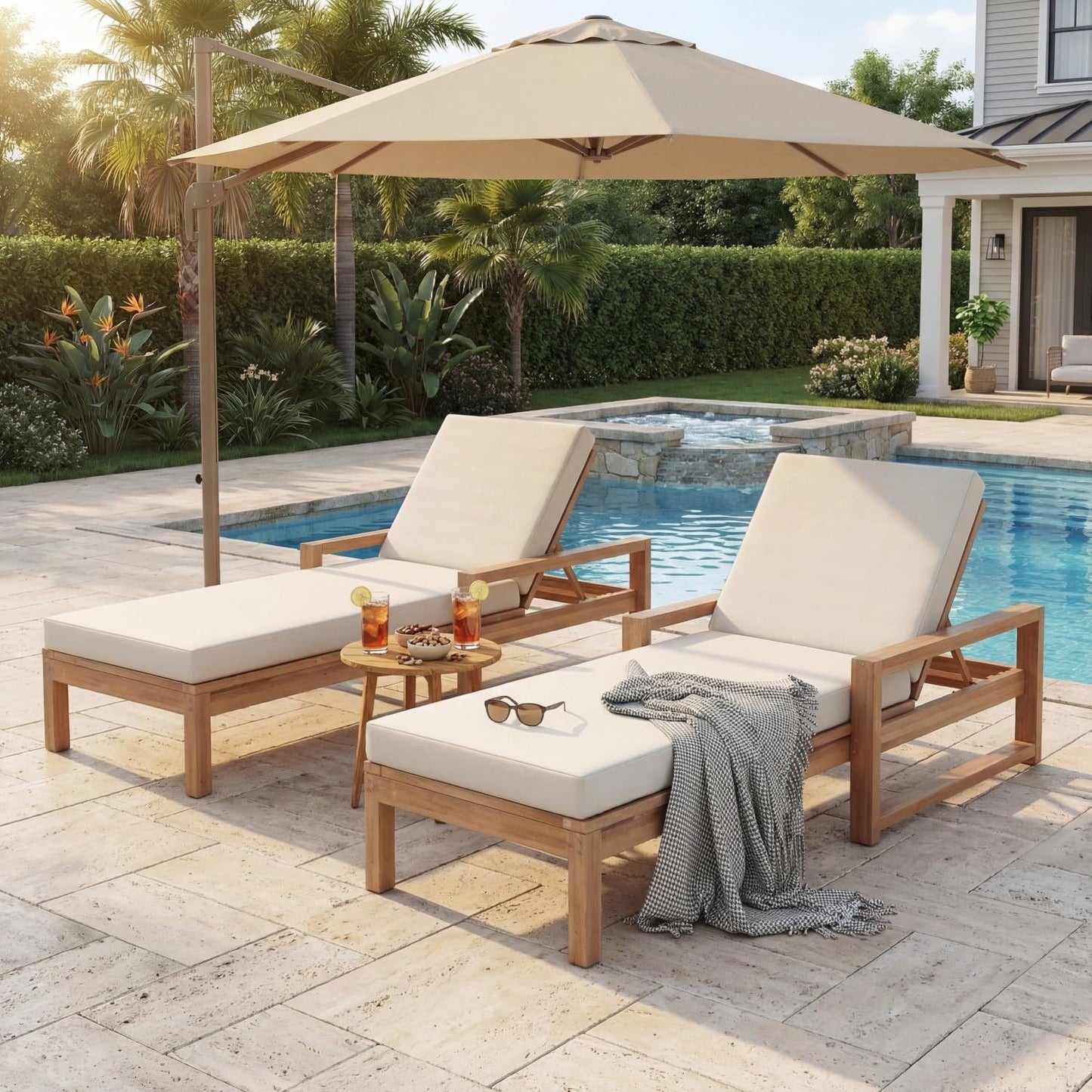 Outdoor Chaise Lounge Chair Set of 2, Patio Chaise Lounge Recliner with Adjustable Backrest, Acacia Wood Poolside Chaise Lounge with Thick All-Weather Cushions for Patio, Deck and Backyard(A)