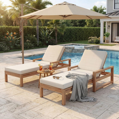 Outdoor Chaise Lounge Chair Set of 2, Patio Chaise Lounge Recliner with Adjustable Backrest, Acacia Wood Poolside Chaise Lounge with Thick All-Weather Cushions for Patio, Deck and Backyard(A)