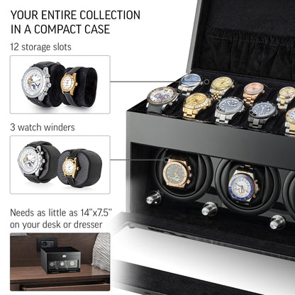 Watch Winder and Storage Box for Winding 3 Automatic Watches and 12 Watch Storage Space (Black+ Black)