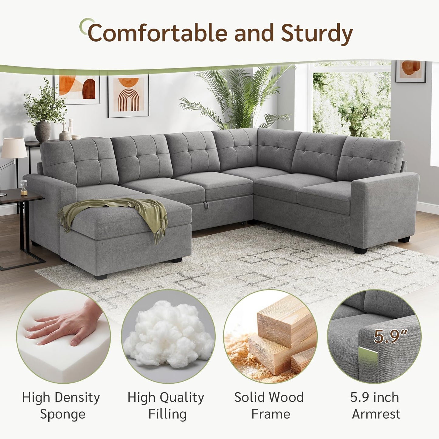HONBAY Sectional Sleeper Sofa with Pull Out Bed, Convertible 7 Seaters U Shaped Sectional Couch for Living Room, Grey