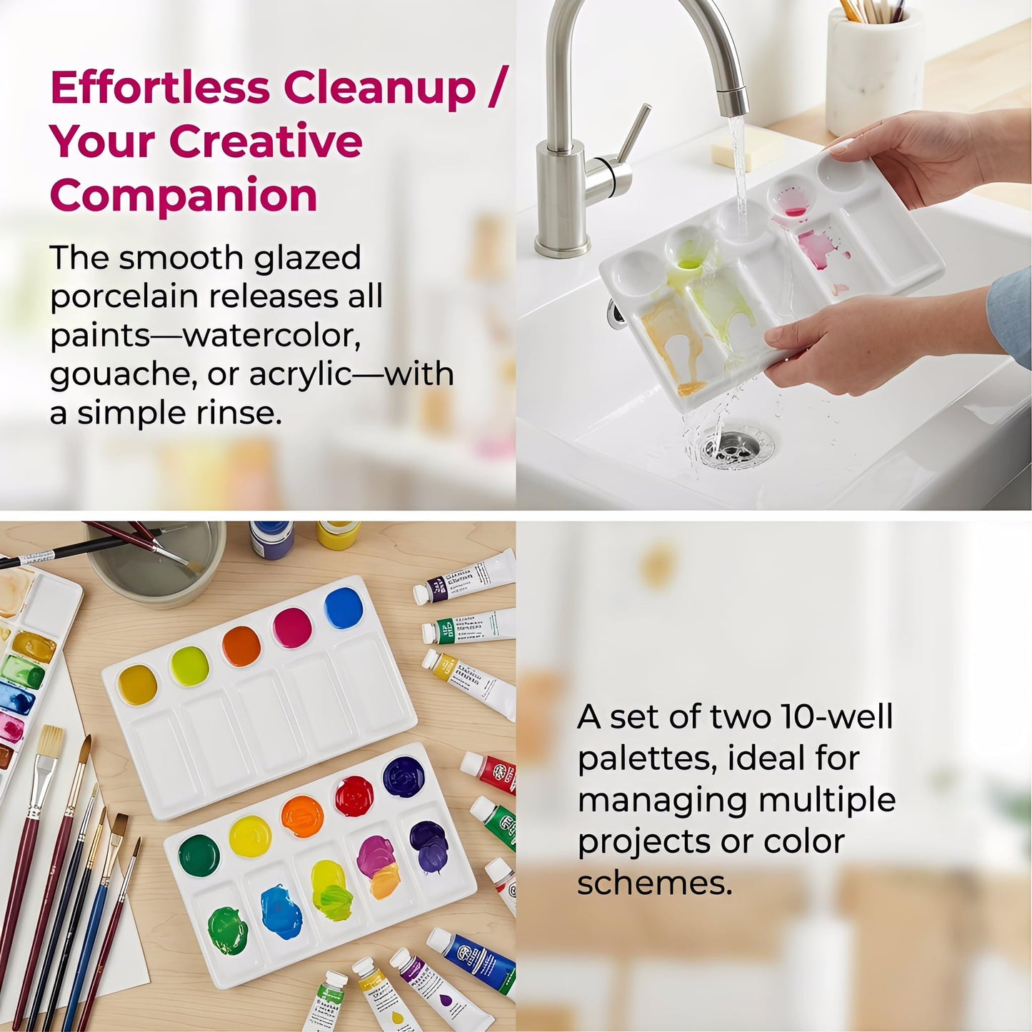 Jucoan 2 Pack 10-Well Ceramic Watercolor Paint Palette, 7-1/2 x 4-1/4 Inch Rectangle Porcelain Artist Paint Palette Mixing Tray for Watercolor, Gouache, Acrylic