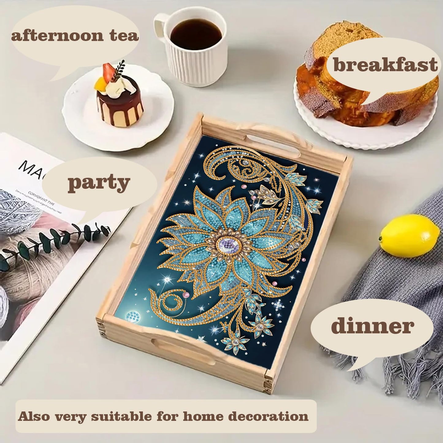 SHLUHA Diamond Art Kits for Adults Wooden Serving Trays with Handle Food Tray for Breakfast Home Decor Gift