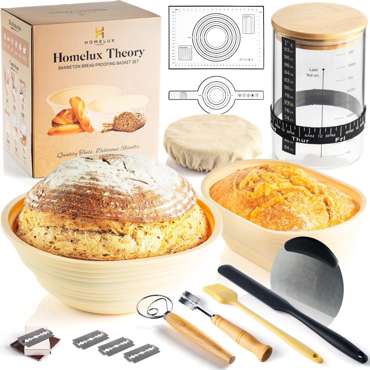 14pcs Sourdough Starter Kit, Bread Making Kit & Sourdough Bread Baking Supplies Kit, Banneton Basket Kit for Sourdough