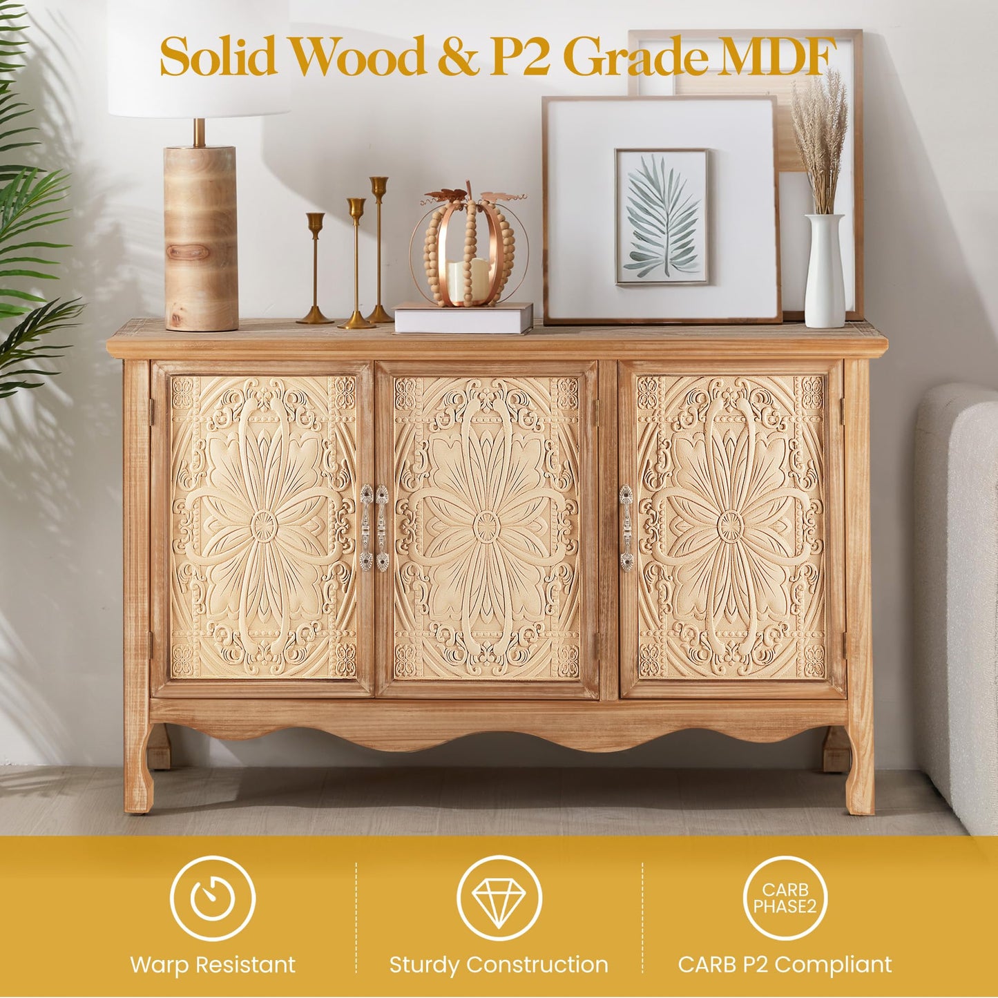 RoyalCraft Farmhouse Sideboard Buffet Cabinet with Storage, 49" Solid Wood Credenza Buffet Table Coffee Bar Wine Bar Storage Cabinet with 3 Doors for Dining Room Living Room Hallway, (Provence Grain)