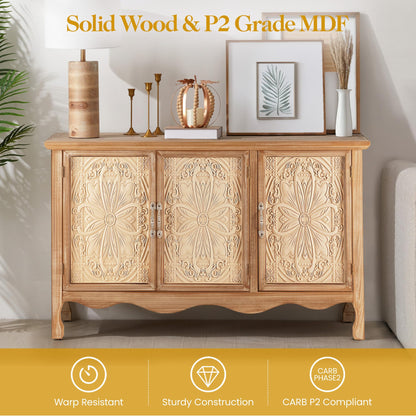 RoyalCraft Farmhouse Sideboard Buffet Cabinet with Storage, 49" Solid Wood Credenza Buffet Table Coffee Bar Wine Bar Storage Cabinet with 3 Doors for Dining Room Living Room Hallway, (Provence Grain)