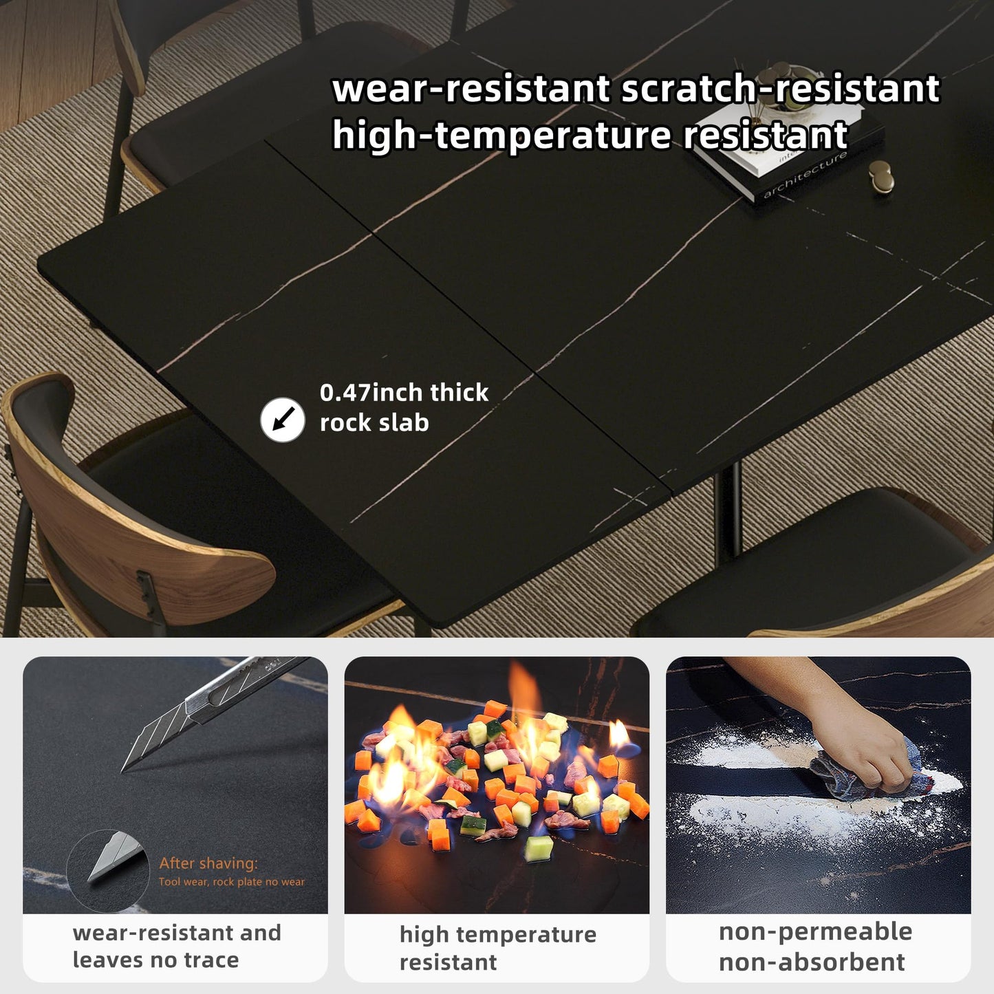gaoyangjiaju 62.9"-94.4" Modern Extendable Dining Table for 6 to 10 Seats, Rectangular Sintered Stone Table with High Hardness and Easy Maintenance for Dining Room Family Gathering, Black Top