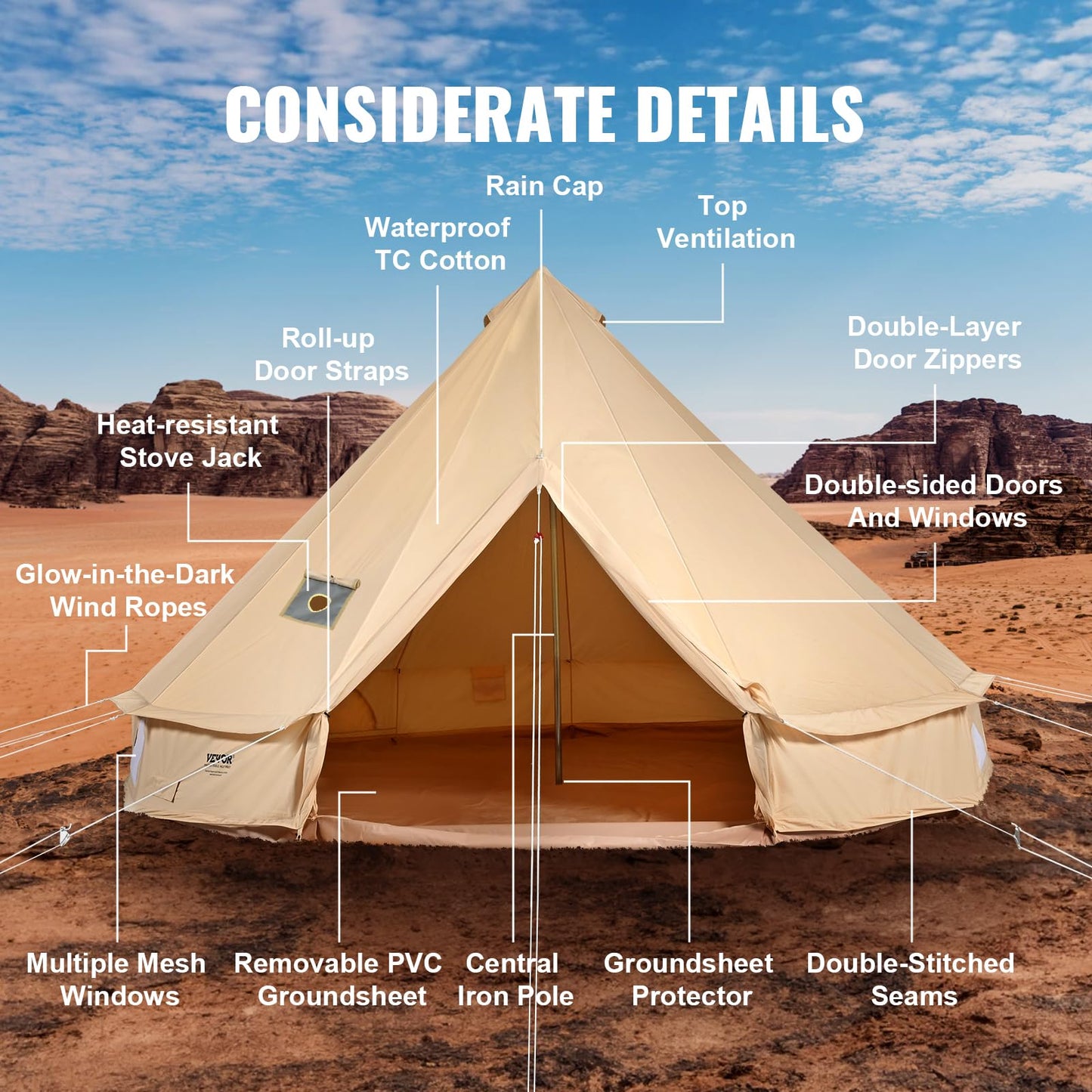 VEVOR Canvas Bell Tent, 4 Seasons 3 m/9.8ft Yurt Tent, Canvas Tent for Camping with Stove Jack, Family Camping Outdoor Hunting Party
