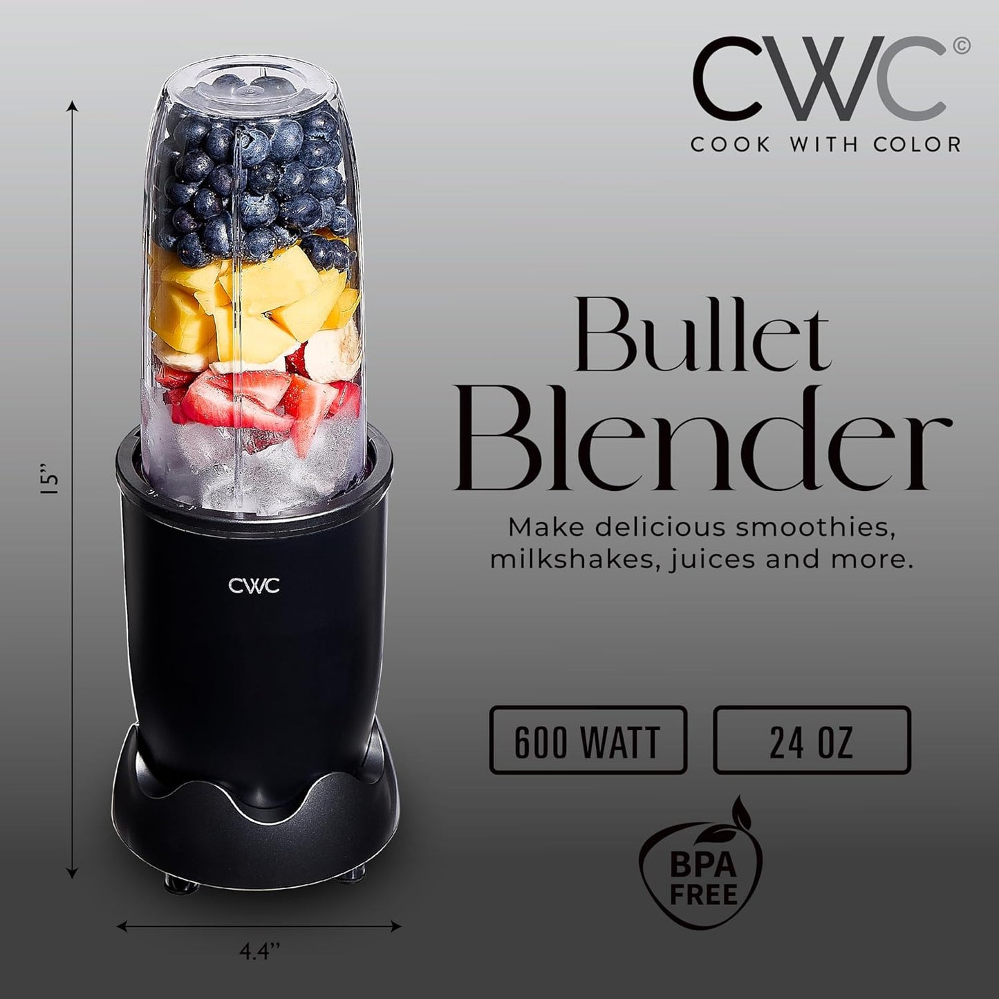 COOK WITH COLOR Personal Power Blender 600W, 24oz Capacity, BPA-Free Jar, Ice-Crushing Blades for Smoothies & More,