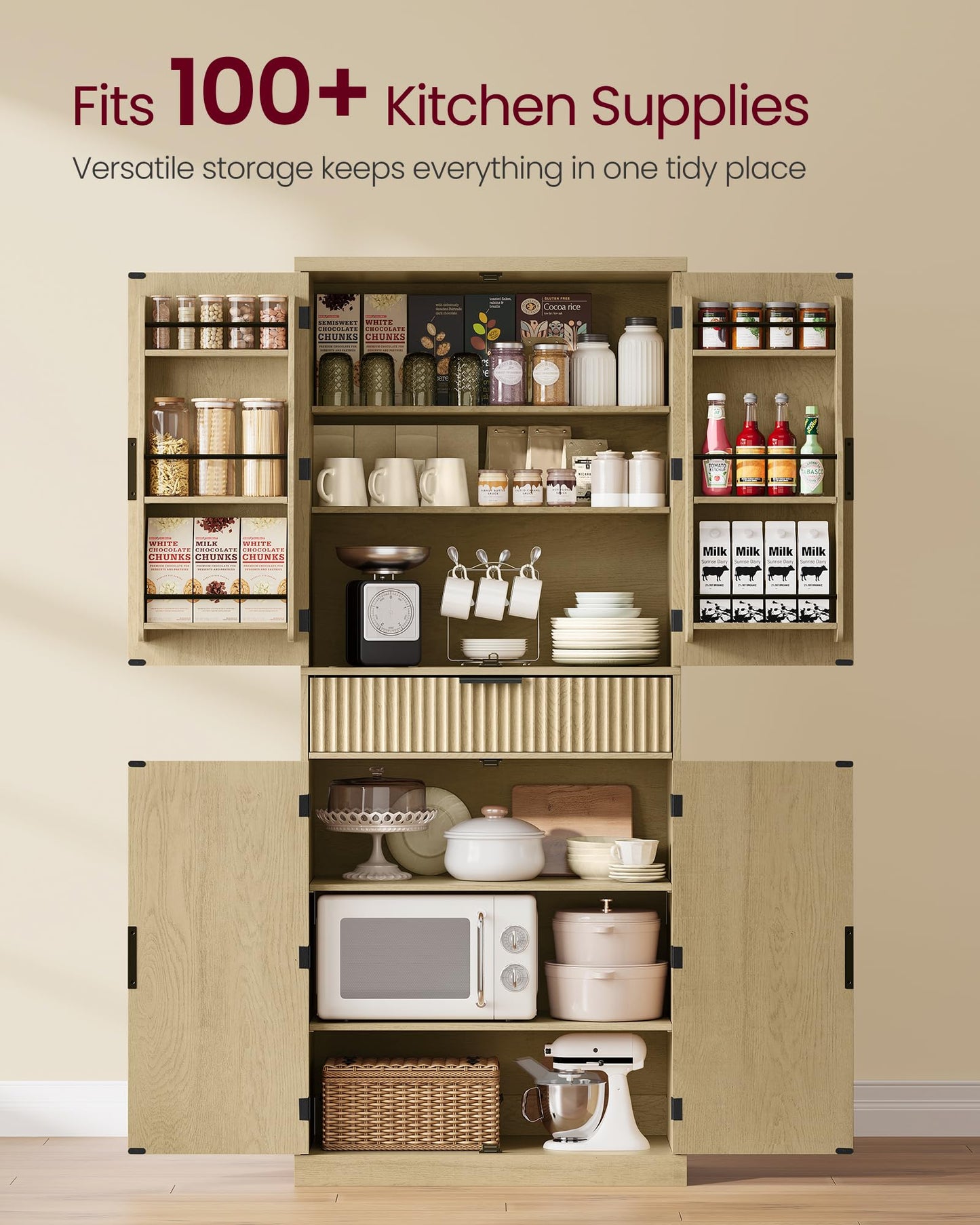 VASAGLE MAXE Collection - Pantry Cabinet, 70.6-Inch Tall Storage Cabinet with Drawer, 6 Adjustable Shelves, 2 Cabinets, Fluted Doors, Mid Century Modern, for Kitchen Living Room, Oak Beige UBBK365Y01