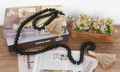 58in Wood Bead Garland with Tassels, Farmhouse Rustic Country Decor, Prayer Boho Wall Hanging Decoration (Black)