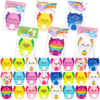 PAKSPAK Valentines Day Gifts for Kids, 24PCS Valentine's Day Cards for Kids Classroom with Axolotl Squishy Toys, Valentine Stress Relief Toys for Kid School Classroom Exchange Gift Party Prize