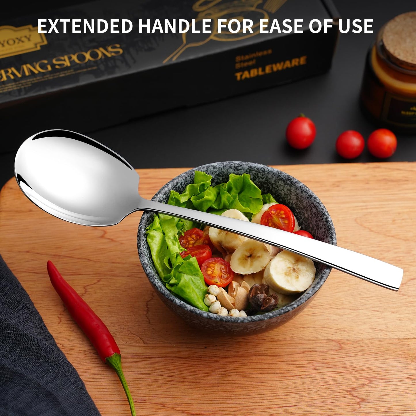 Keyoxy 8 Piece Stainless Steel Serving Spoons Set - 8 Large Spoons, 9.2-Inch, Dishwasher Safe, for Parties/Kitchen/Buffet/Catering