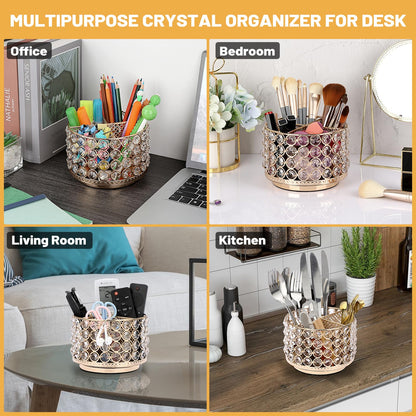 BTSKY Crystal 360 Degree Rotating Desk Organizer Decorative Storage Box with 4 Compartments, Glitter Metal Makeup Brush Holder Elegant Storage Caddy Home Decor Gift for Women, Round-4 Slots Gold