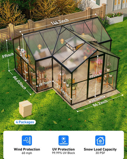 12x12 FT T-Shape Greenhouses, Polycarbonate Green House with UV Protection, Heavy Duty Greenhouse with Windproof Aluminum Frame, Roof Vent & Quick-Install Design for Backyard or Garden Use