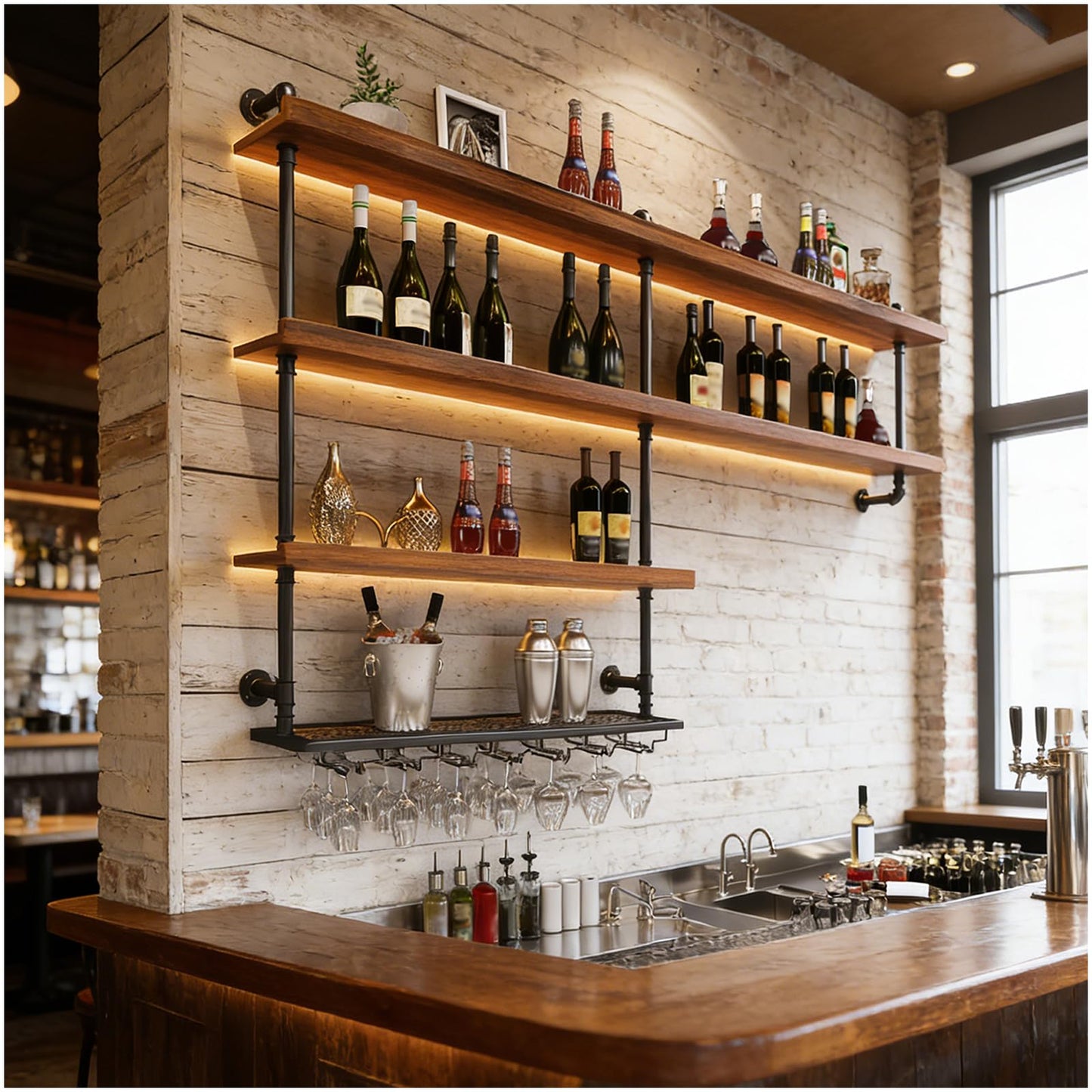 TAUODUYY 51.1in Large Wine Rack with LED Light, 4 Tiers Solid Wood Wall Mounted Wine Rack, Industrial Liquor Bottles Floating Shelves with Glass Holder for Home Bar/Dining Room (51.1in/130cm)