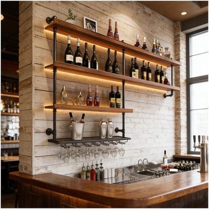 31.5in Large Solid Wood Wine Rack Wall Mounted, Wall Bar Shelves for Liquor Bottles with LED Light, 4 Tier Wine Glass Rack Capacity Liquor for Bar Living Room Dining Room Kitchen Cafe (31.5in/80cm)
