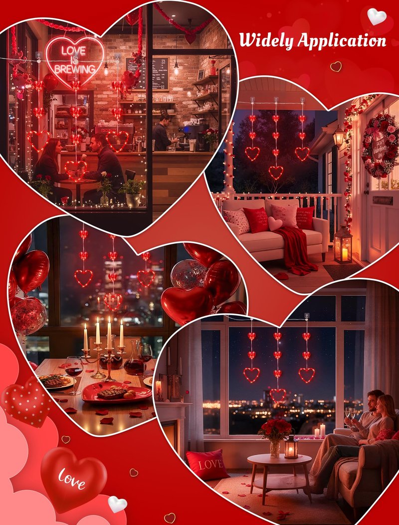 MYGOTO Valentines Day Window Lights, 65 LED 10 Red Heart Lights USB/Battery Operated, Timer Memory with 8 Modes Hanging Valentines Decorations Light for Valentine's Day Anniversary Wedding Decor