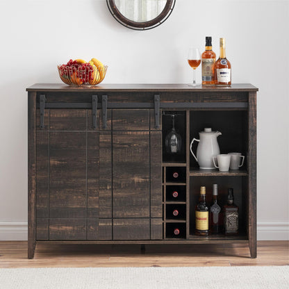 IDEALHOUSE Wine Bar Cabinet,Coffee Bar Cabinet,Farmhouse Liquor Station,Rustic Buffet Sideboard with Sliding Barn Doors,Wine & Glass Racks,Adjustable Shelves,for Living Room,Kitchen,Entryway(Fire)