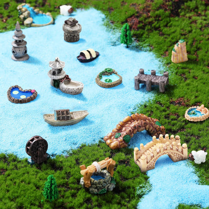 Meooeck 24 Pcs Miniature Garden Accessories Mini Fairy Bridge Figurines Pond Garden Decor Micro Landscape Lighthouse Water Well Ornament for Yard DIY Craft Dollhouse