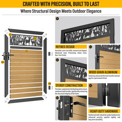 Brukid 4x5 FT Aluminum Fence Gate Kit Wood Grain Aluminum Gate with Decorative Cutout, Lock & Hinges, Left/Right Opening, Weather Resistant for Yard Garden Patio