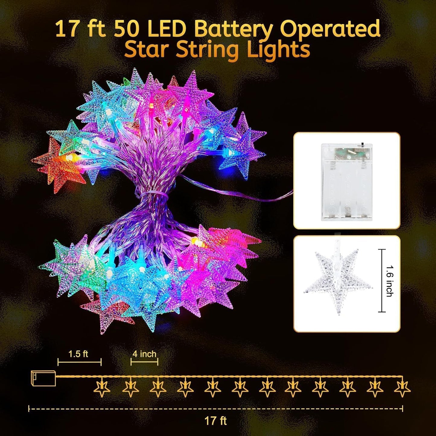 17 50 16 7 Minetom Star String Lights Battery Operated - ft LED Color Changing Star Fairy Light with Remote and Timer
