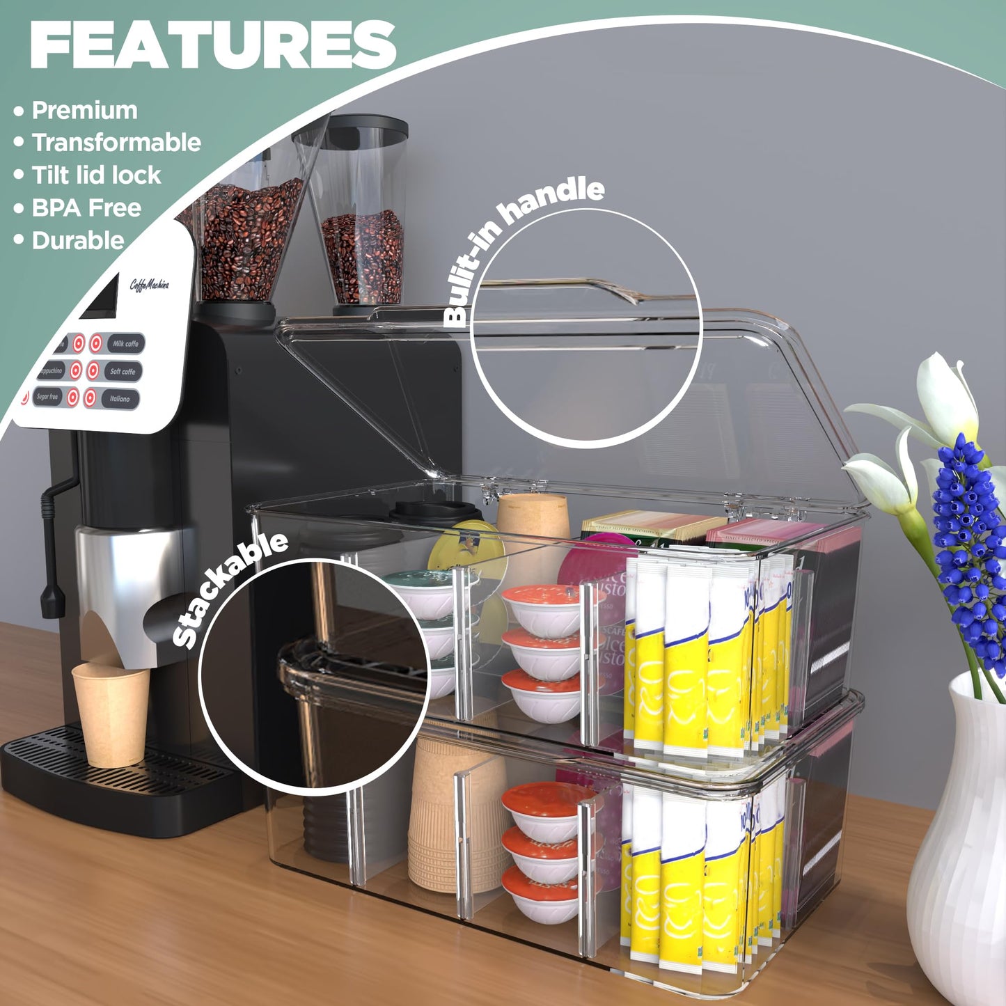 Utopia Home - Tea Bag Organizer With Lids, (1 Pack) Clear Pantry Storage Box - Stackable Partition Organizers or Holder With Lids For Drawers, Countertops, Fridge, Kitchen, Snack & Spice Organization