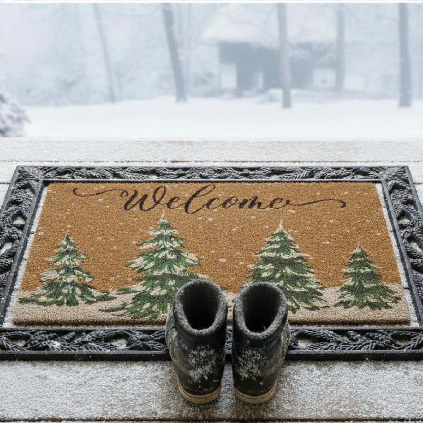 Winter Welcome Mats for Front Door, Faux-Coir Pinetree Door Mat 17x30 inch