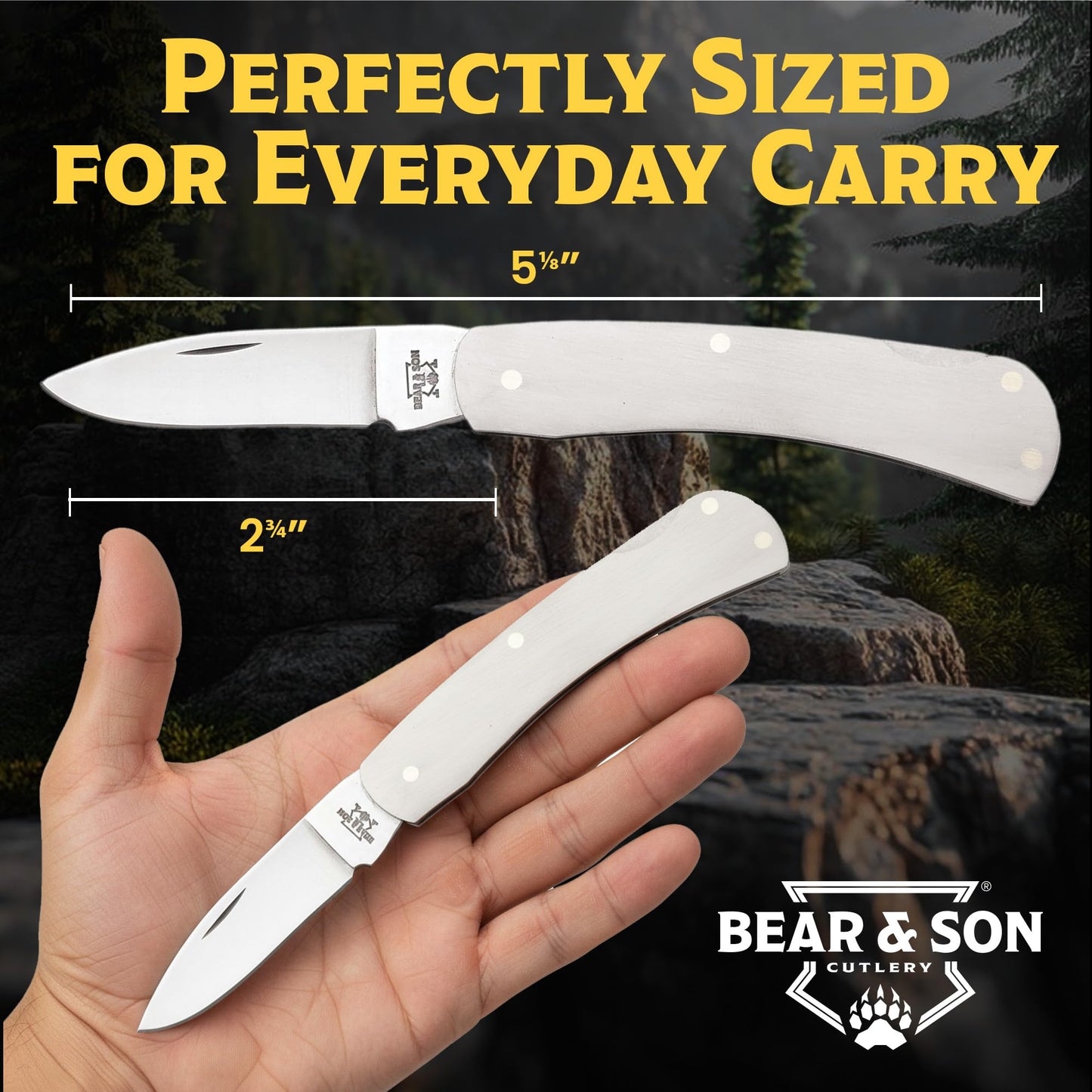 BEAR & SON 125 Executive Lockback Pocket Knife – Small Traditional Stainless Steel Folding EDC w/Brushed Handle, High Carbon Stainless Drop Point Plain Edge Blade, Manual Nail Nick Opening, USA Made