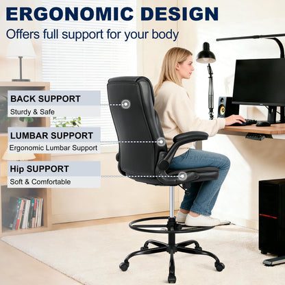 Misolant Drafting Chair with Footrest Ring, Tall Office Chair for Standing Desk, PU Faux Leather Bar Counter Height Chairs with Adjustable Height, 360° Swivel Wheels for Garage Office, Black
